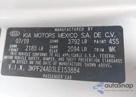 2020 Kia Forte Lxs z USA, uszkodzony, nr VIN 3KPF24AD3LE153884